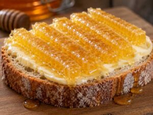Wabenhonig in Streifen auf einem gebutterten Brot – naturbelassener Honig direkt aus der Honigwabe.
