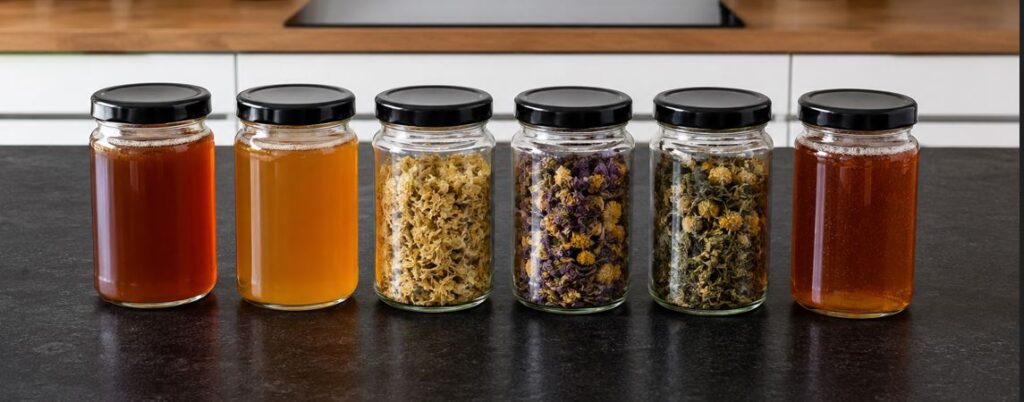 Honig und getrocknete Kräuter als Zutaten für die Herstellung von traditionellem Oxymel.